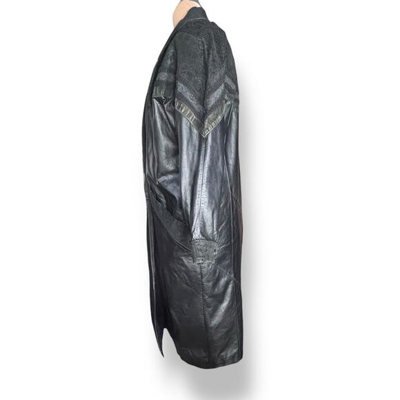 Vintage Wilsons Leather Black Long Trench Coat Suede Embossed Floral Detail - Picture 9 of 16